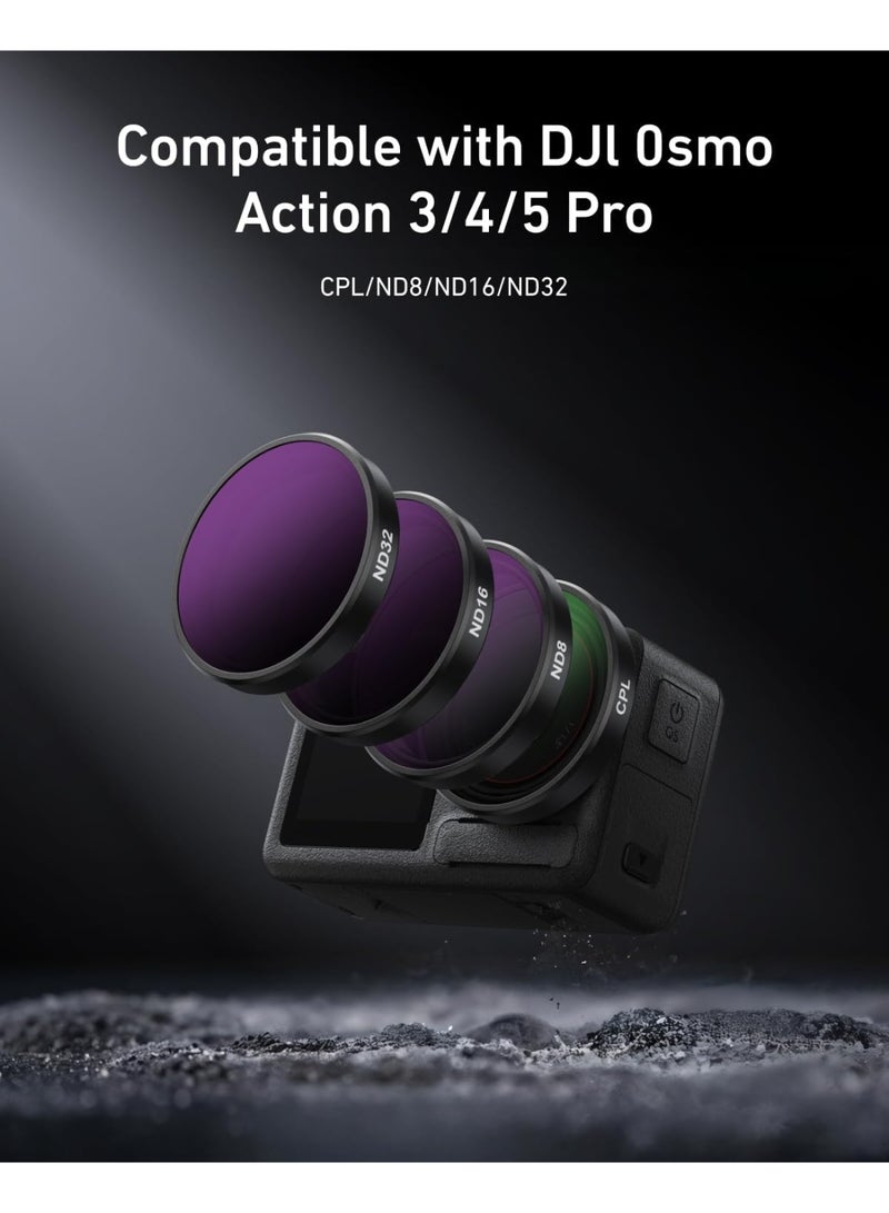 تيليسن مجموعة فلاتر عدسات TELESIN لكاميرات DJI Action 5 Pro و Action 4 و Action 3، عبوة من 4 فلاتر CPL و ND32 و ND16 و ND8، فلاتر استقطابية محايدة الكثافة عالية الدقة، غطاء حماية للعدسة لكاميرا DJI Osmo Action - Image 2